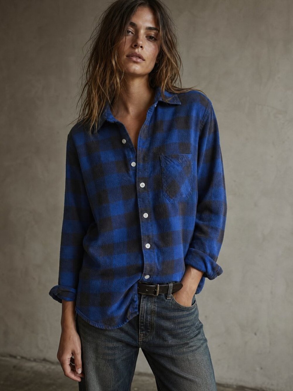 American Eagle Blue Buffalo Plaid Flannel Button Down Shirt Long Sleeve Top